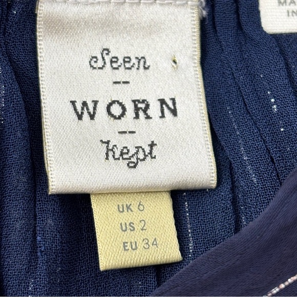 ANTHROPOLOGIE SEEN WORN KEPT Women’s Navy Blue Metallic Stripe Button Up Top 2 - Picture 6 of 12